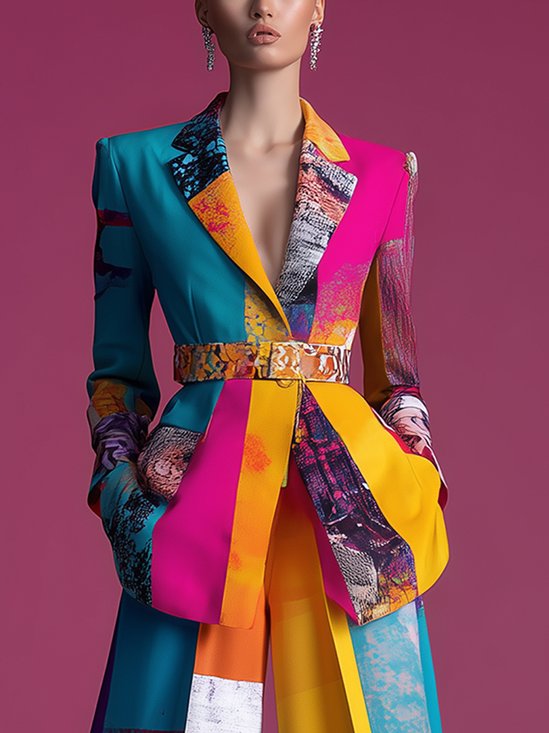 Elegant Printing Random Print Lapel Collar Blazer With Belt