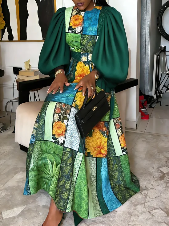 Elegant Floral Puff Sleeve Printing Crew Neck Midi Party Dress