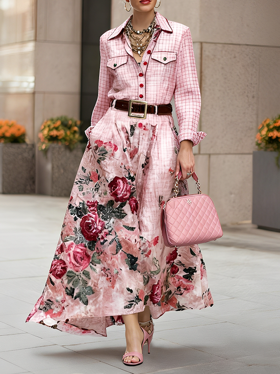 Elegant 3D Printing Shirt Collar Maxi Dress No Belt