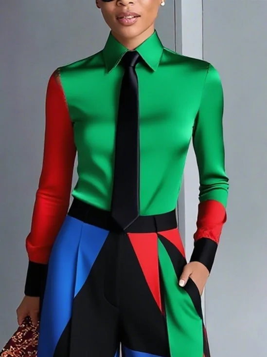 Satin Urban Colorblock Split Joint Shirt Collar Shirt