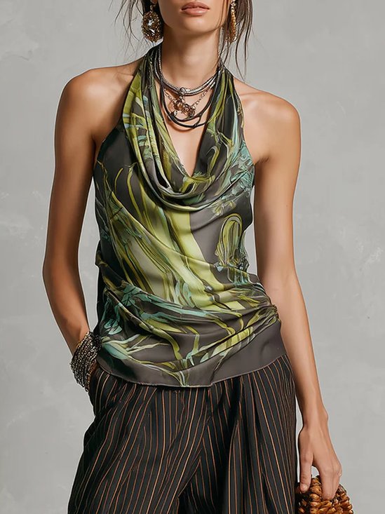 Urban Leaf Printing Cowl Neck Tank Top