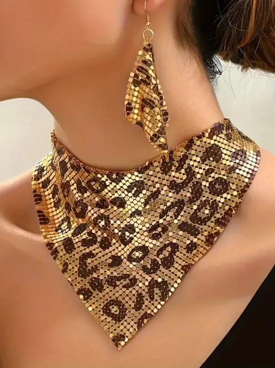 Leopard Print Sequined Triangular Scarf Necklace And Earrings Set - A Trendy And Unique Jewelry Set.