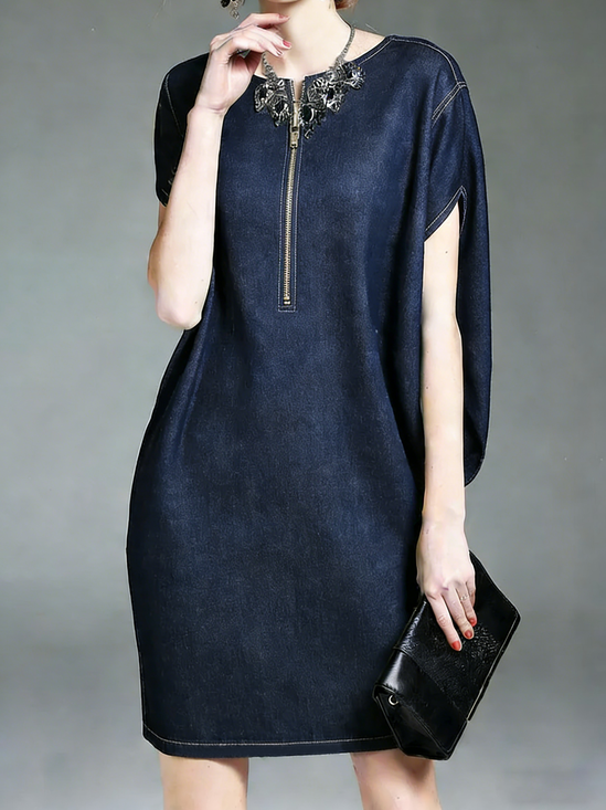 Denim Urban Plain Crew Neck Mini Dress