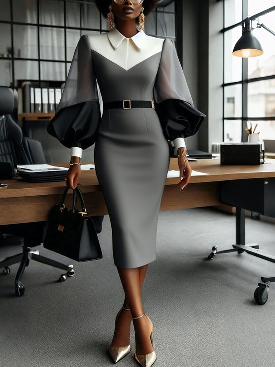 Elegant Color Block Split Joint Shawl Collar Midi Dress With Belt