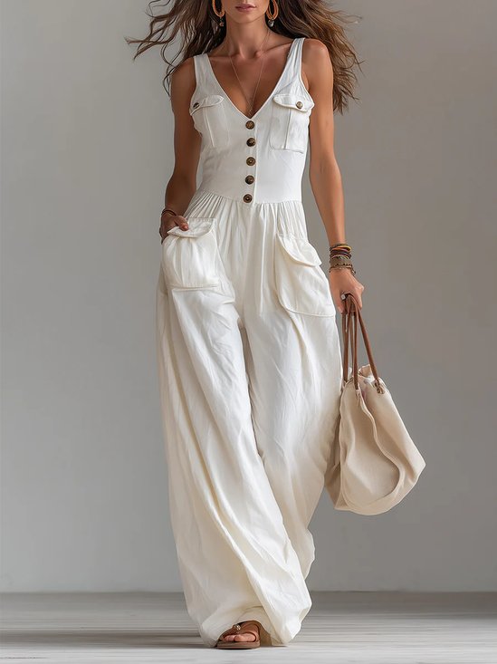 Urban Buttoned Pockets Plain V Neck Jumpsuit