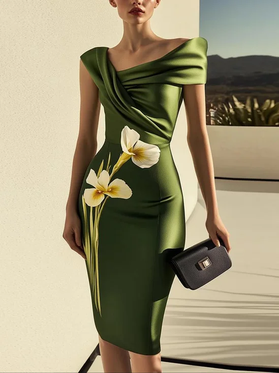 Elegant Floral Printing Asymmetrical Neck Knee Length Dress