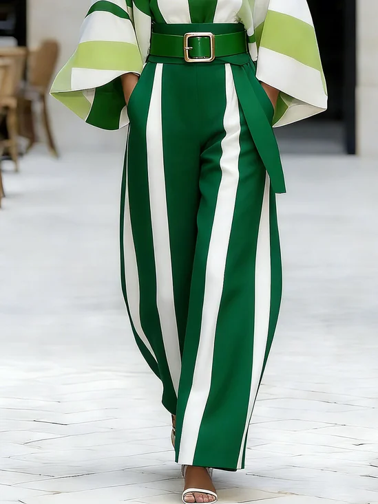 Urban Striped Printing Wide Leg Pants No Belt