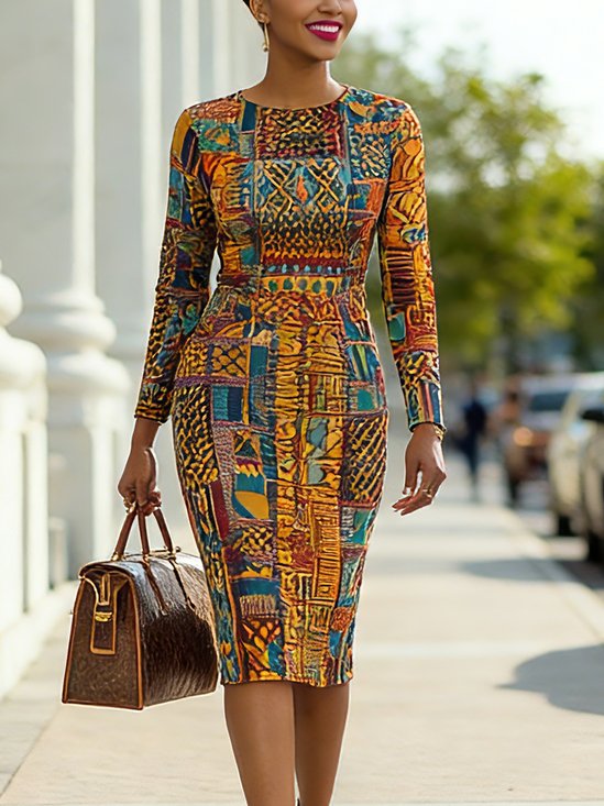 Casual Random Print Printing Crew Neck Knee Length Dress