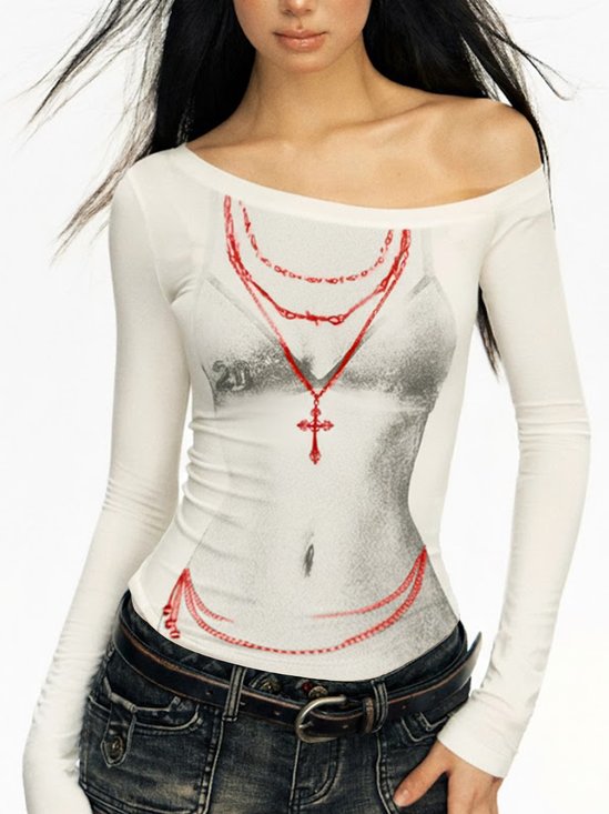 Casual Random Print Printing One Shoulder T-shirt