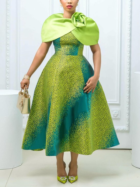 Elegant Random Print Printing Crew Neck Midi Party Dress With 3D Floral Shawl