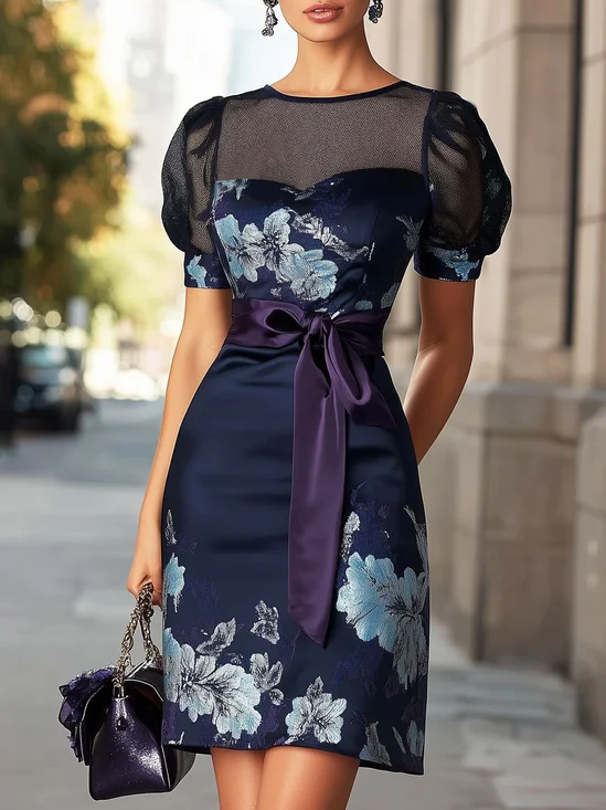 Elegant Floral Crew Neck Mini Dress With Belt