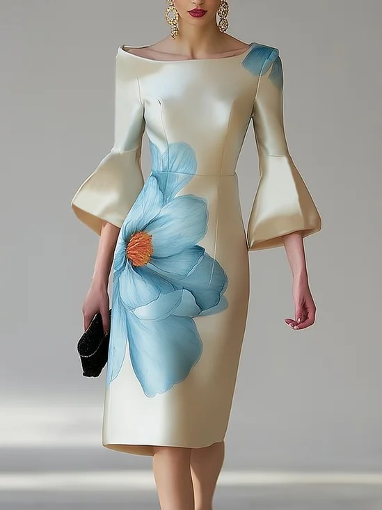 Elegant Floral Bell Sleeve Printing Boat Neck Midi Dress