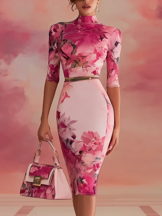 Elegant Floral Printing Mock Neck Midi Dress No Belt