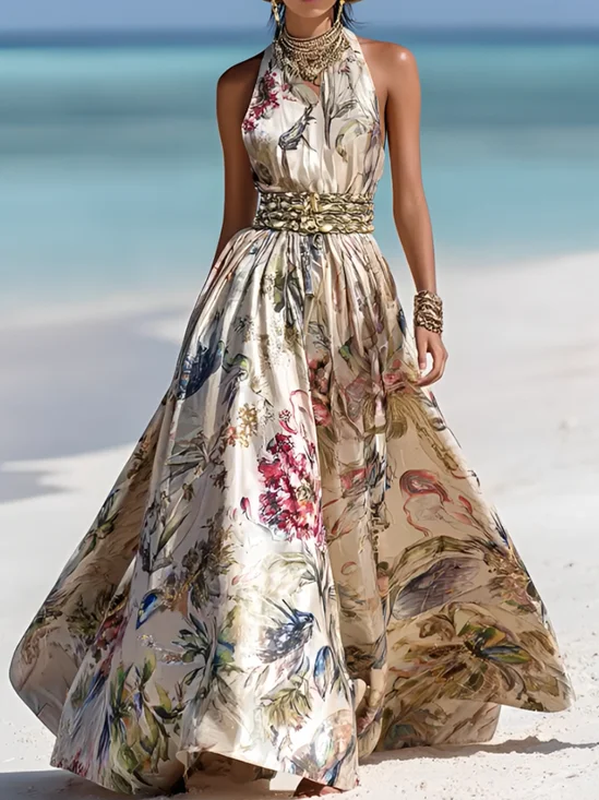 Vacation Tropical Crew Neck Dress No Belt