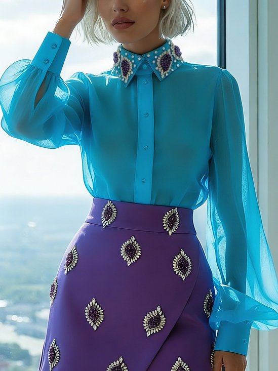 Elegant Plain Hot Drilling Shirt Collar Shirt