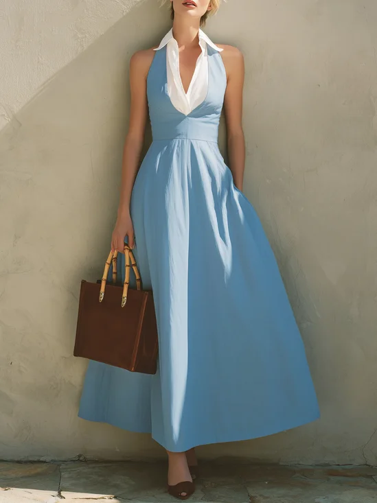 Cotton Elegant Color Block Shirt Collar Sleeveless Maxi Dress