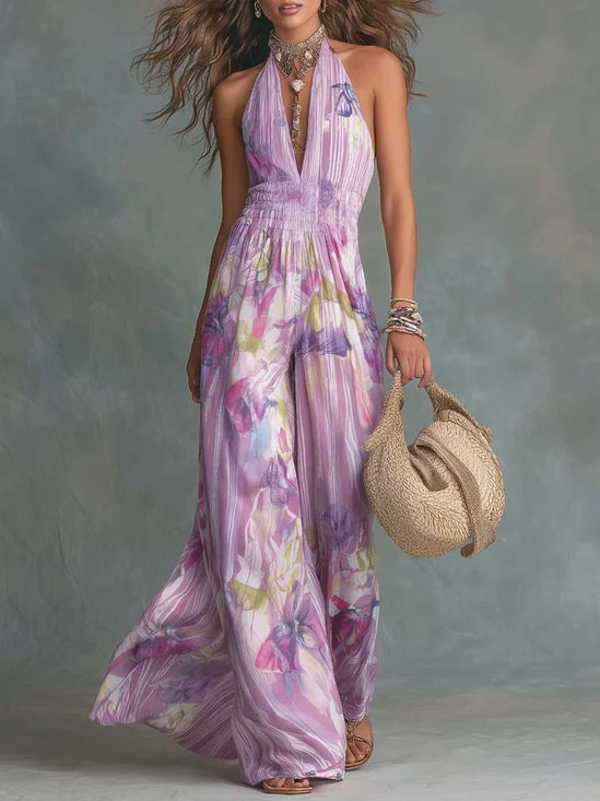Vacation Printing Floral Halter Tank Jumpsuit