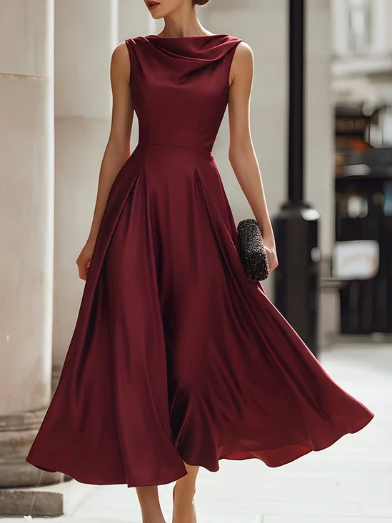 Elegant Plain Cowl Neck Midi Dress