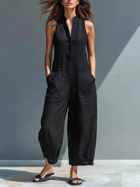 Casual Pockets Plain V Neck Tank Jumpsuit