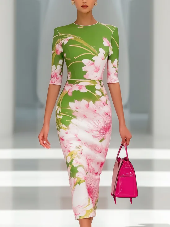 Elegant Bodycon Midi Dress Crew Neck Half Sleeve Summer Party