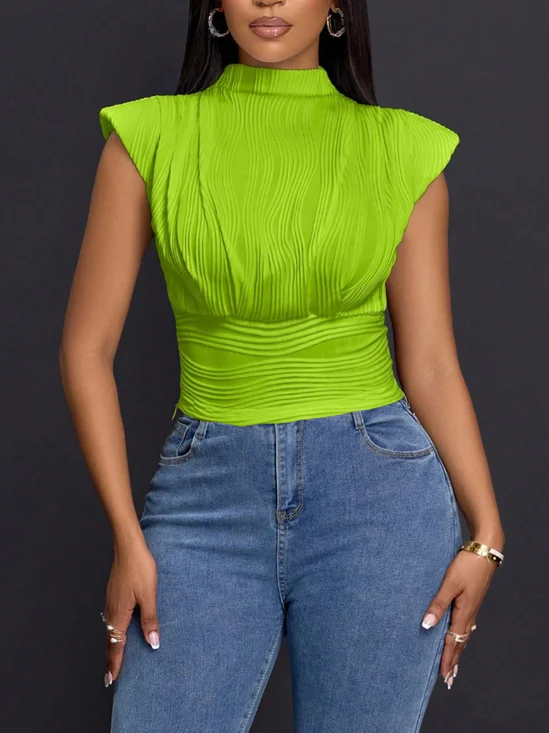 Urban Plain Shoulder Pad Mock Neck T-shirt