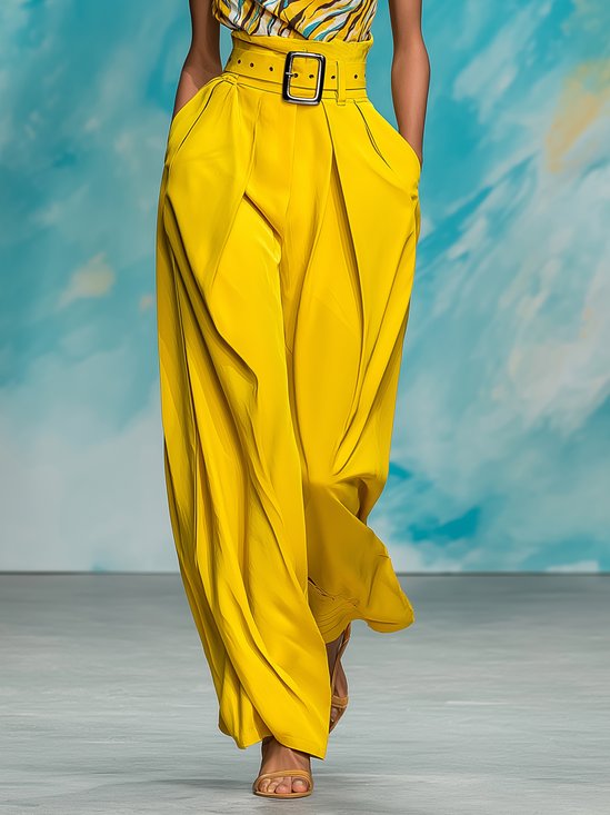 Urban Plain Wide Leg Pants With Belt