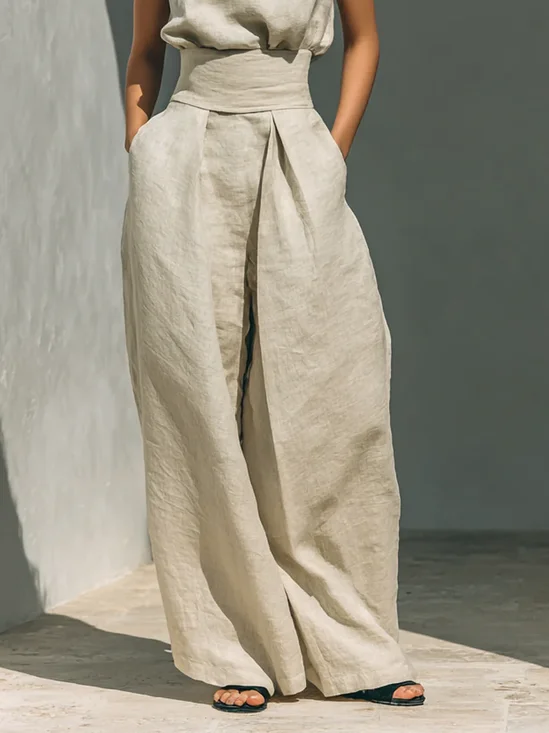 Cotton Casual Plain Wide Leg Pants