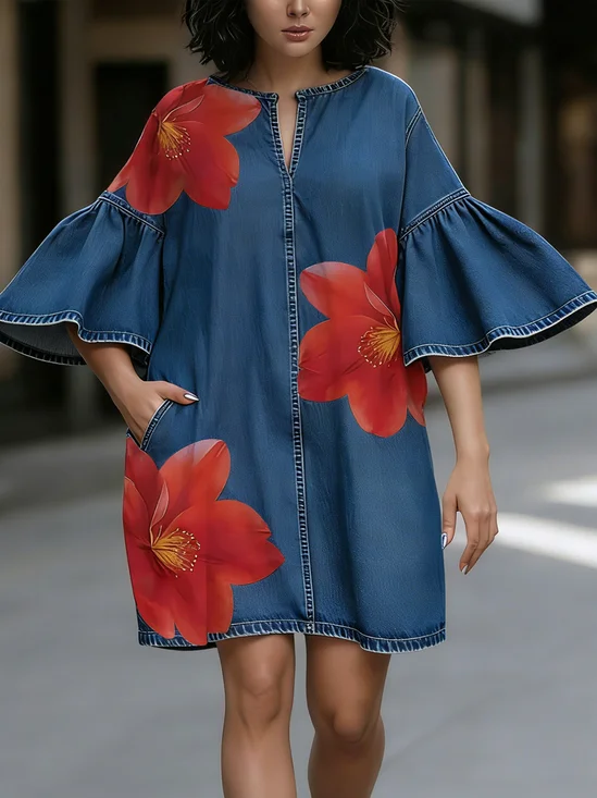 Denim Casual Floral Bell Sleeve Printing Notched Mini Dress