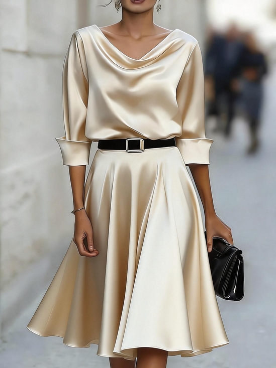Elegant Plain Cowl Neck Knee Length Dress No Belt