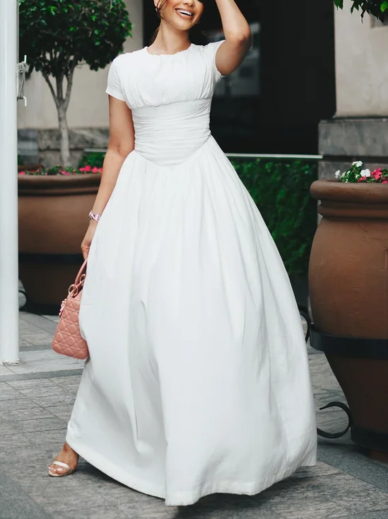 Cotton Elegant Plain Ruched Crew Neck Maxi Dress