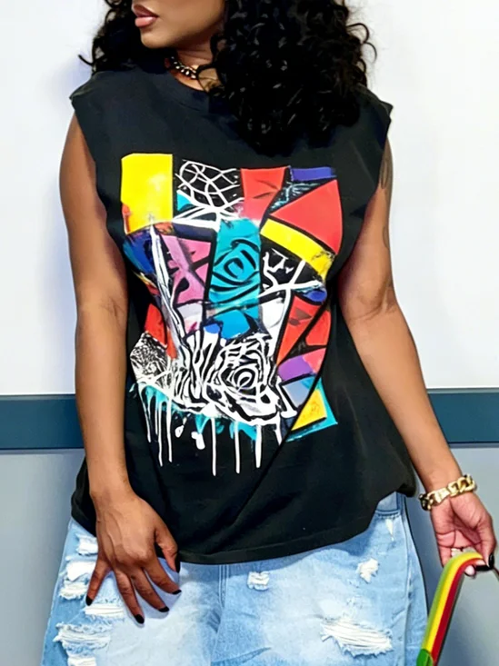 Casual Graffiti Printing Crew Neck  T-shirt