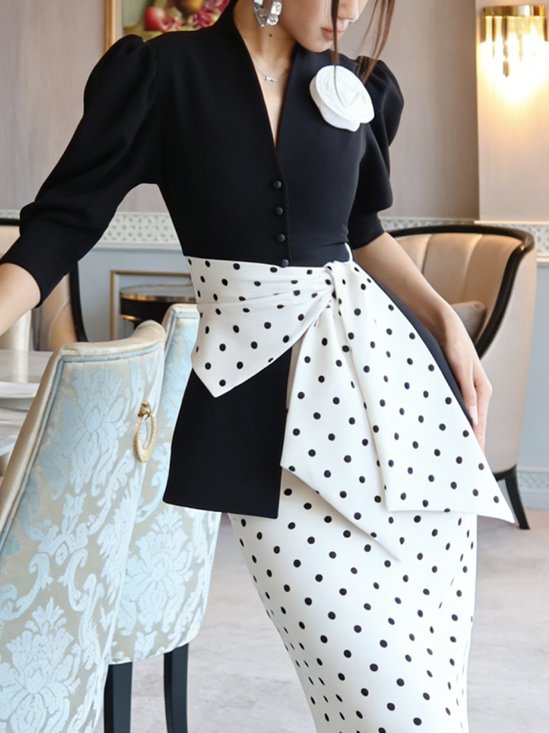 Elegant Plain 3D Floral Buttoned V Neck Puff Sleeve Shirt With Belt