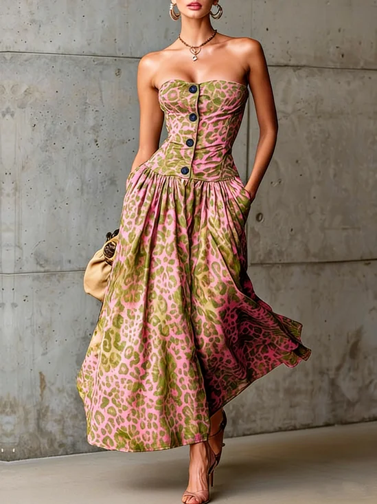 Vacation Leopard Printing Strapless Maxi Dress