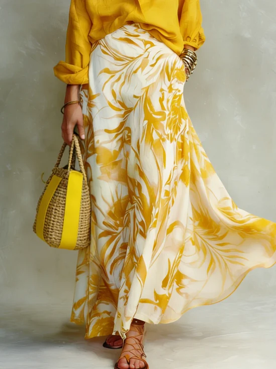 Elegant Printing Botanical Pattern Maxi Skirt