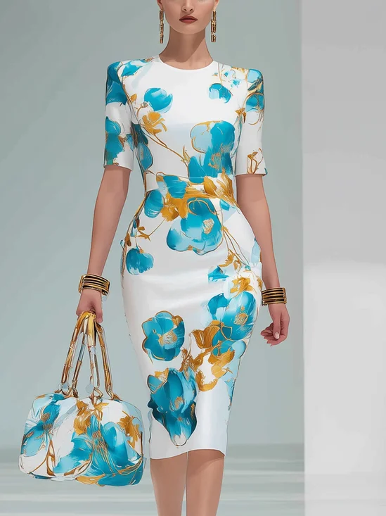 Elegant Floral Printing Crew Neck Midi Dress