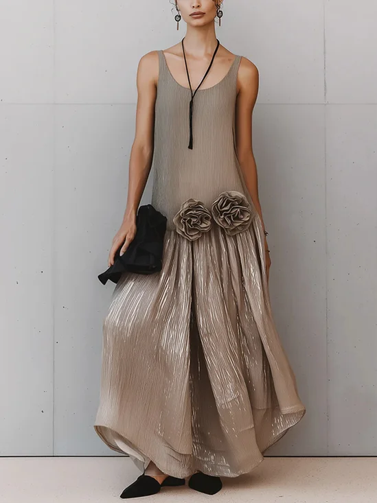 Urban Plain 3D Floral Crew Neck Maxi Dress