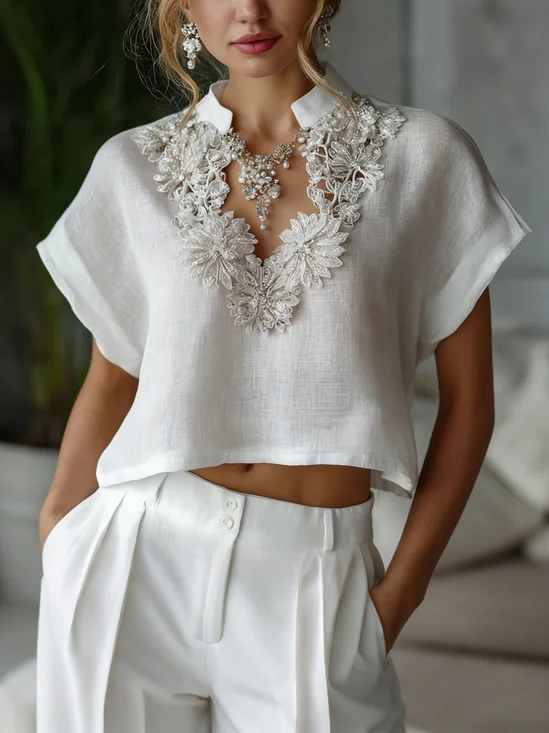 Cotton And Linen Casual Plain Stand Collar Blouse