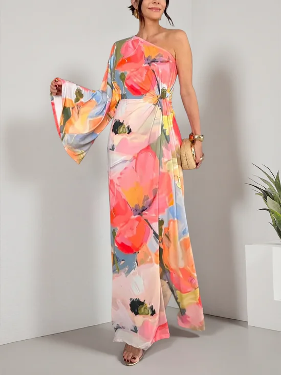 Elegant Floral Printing One Shoulder Maxi Dress