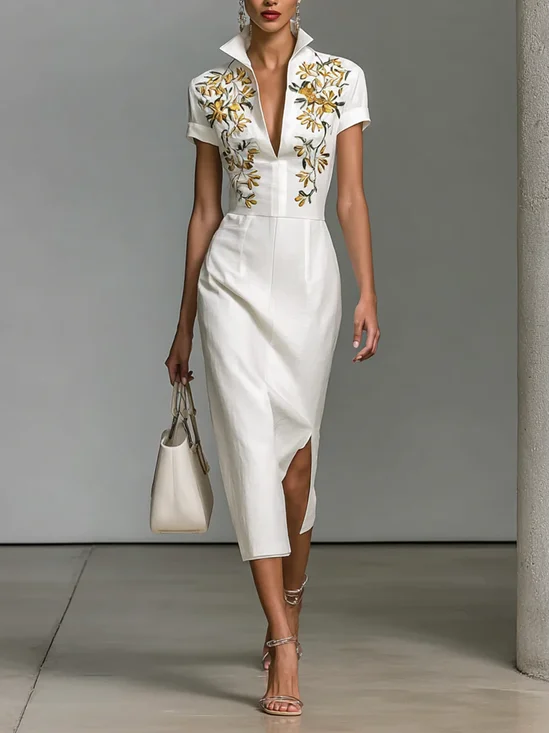 Elegant Floral Embroidery Shawl Collar Midi Dress