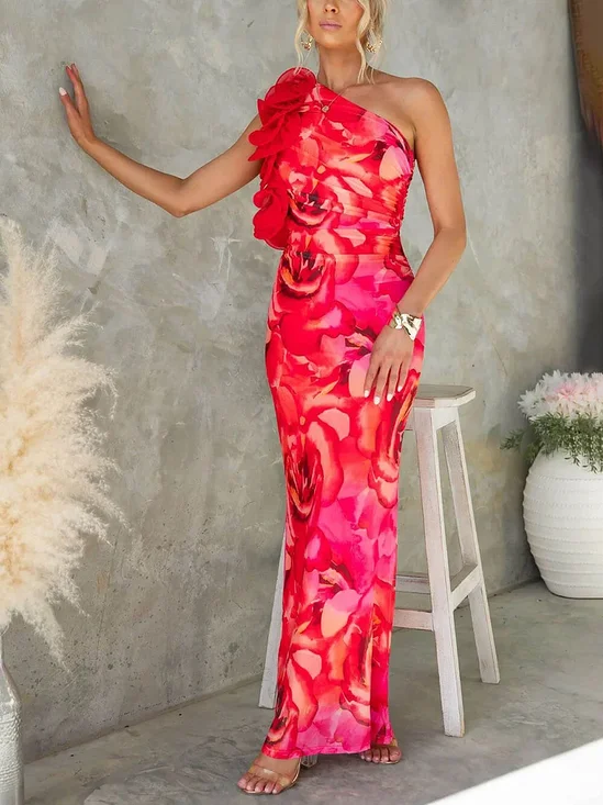 Elegant Floral Printing One Shoulder Maxi Dress