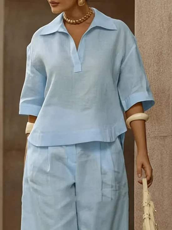 Cotton And Linen Casual Plain Shawl Collar Blouse