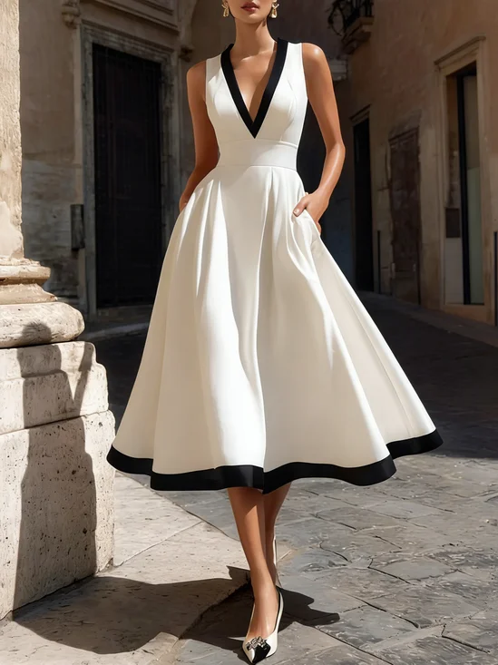 Elegant Color Block V Neck Midi Dress
