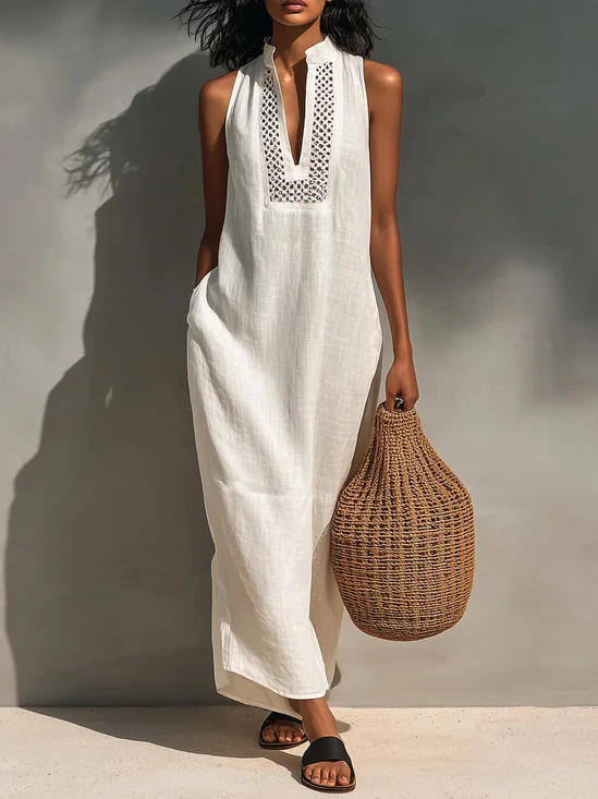 Cotton And Linen Casual Plain Lace V Neck Maxi Dress