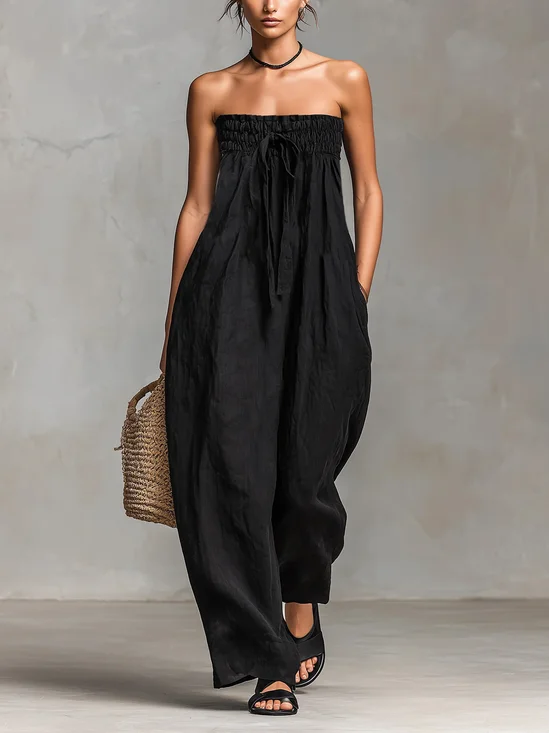 Cotton Casual Plain Strapless Tube Jumpsuit