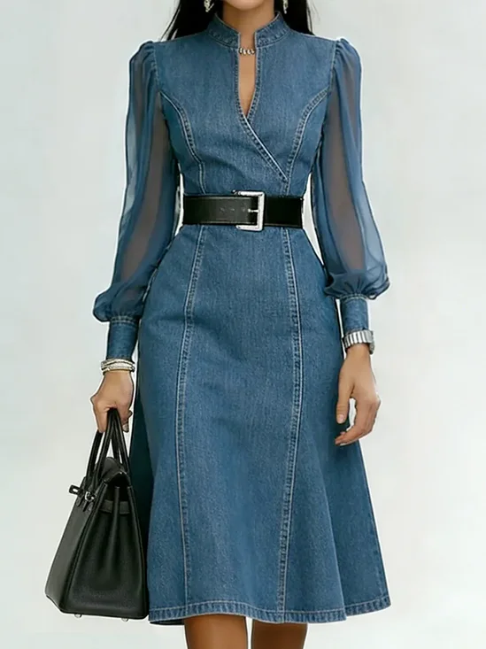 Denim Urban Plain Split Joint Cross Neck Midi Dress No Belt