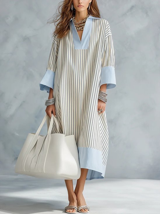 Casual Striped  Shirt Collar Midi Dress