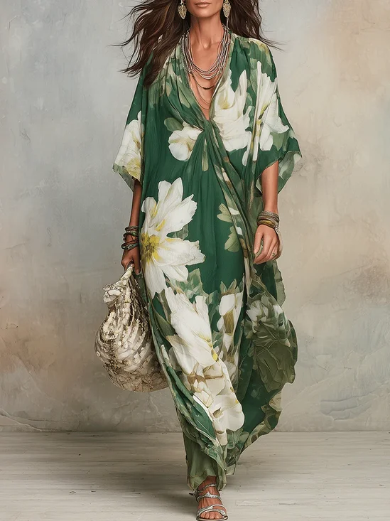 Vacation Floral Printing V Neck Maxi Dress