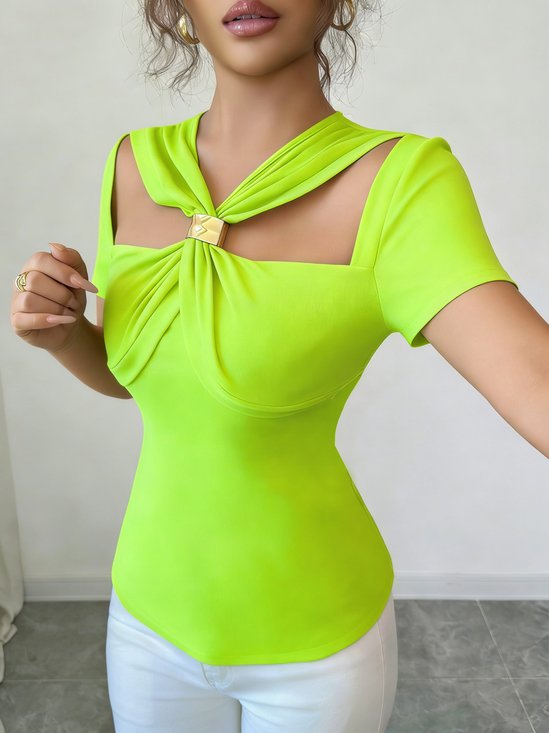 Jersey Urban Plain Grommets V Neck T-shirt