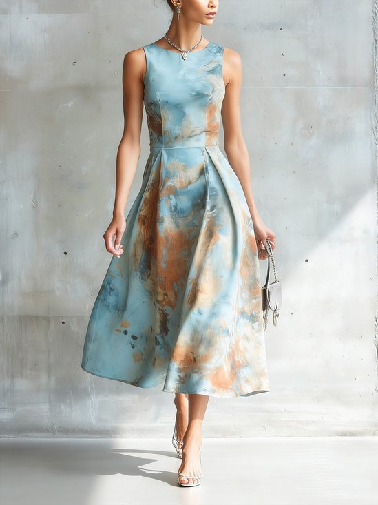 Urban Random Print Printing Crew Neck Midi Dress