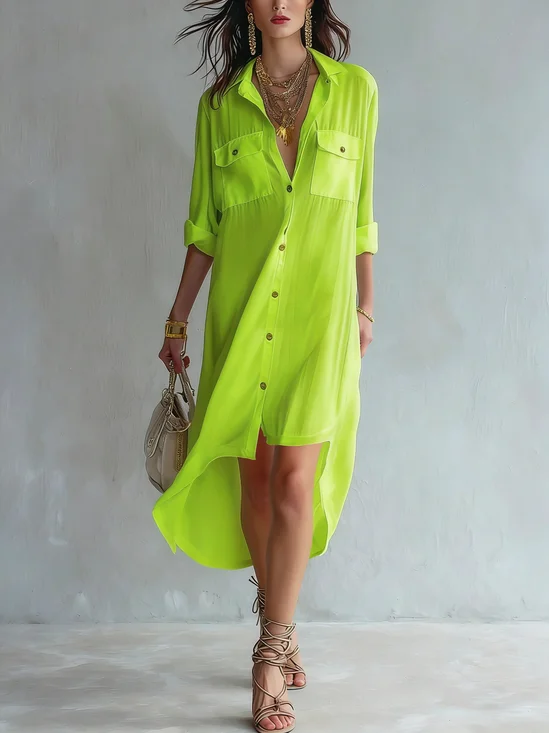 Casual Plain Buttoned Shirt Collar Midi Dress